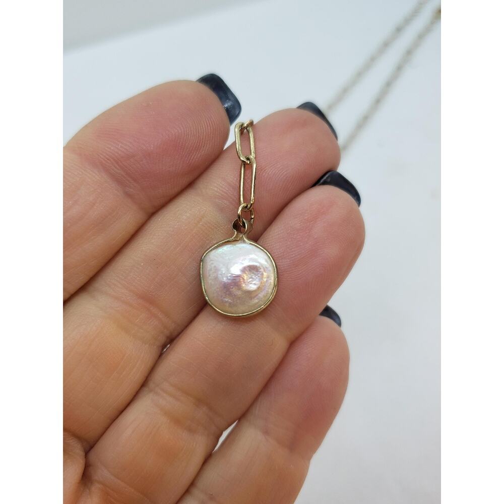 Gold Tone Paperclip Chain Y Drop Lariat Necklace White Real Coin Pearl Pendant - Picture 6 of 8
